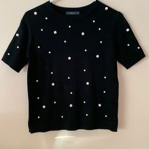ZARA Pearl Embellished Black Short Sleeve Knit Top